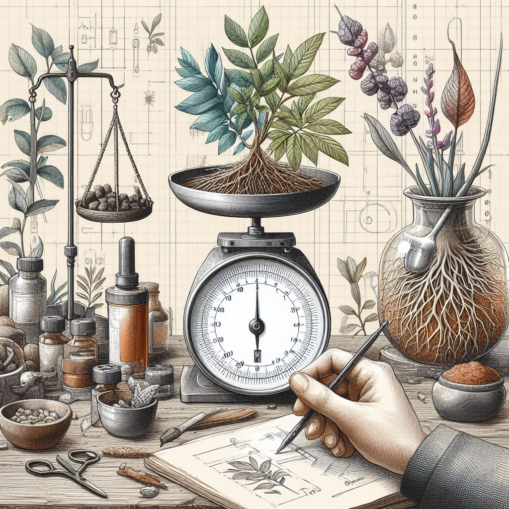 an illustration showing a plant including its roots being weighed